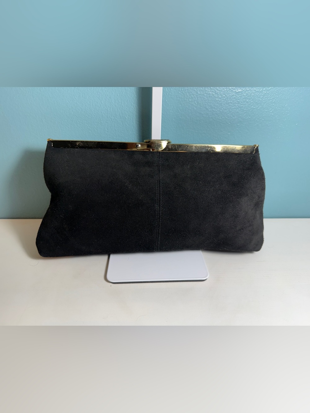 Vintage 1960s Etra Black Suede Evening Clutch – Gold Hardware Frame
